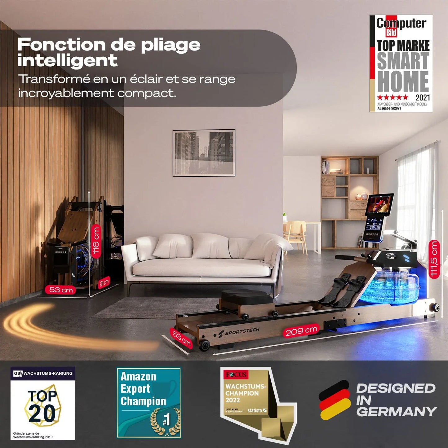 Rameur à Eau Sportstech WRX1000 Rameur Bois foncé . - GLOBAL ASSET