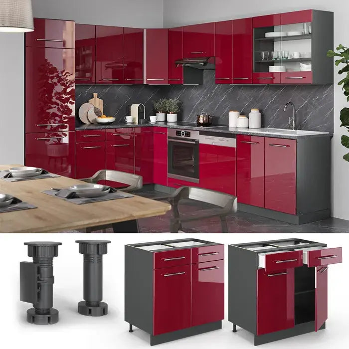 Vicco Meuble cuisine R-Line, Rouge Bordeaux haute brillance, 80cm Sans PT Vicco