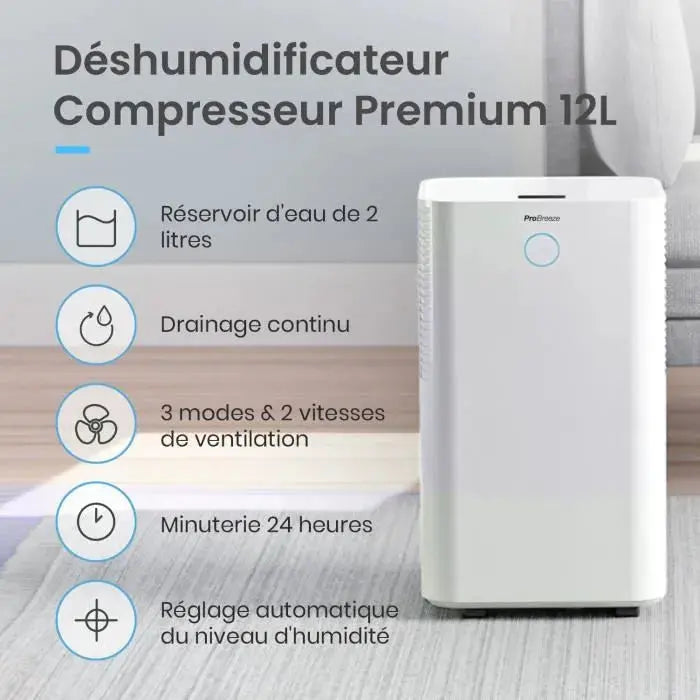 Pro Breeze Déshumidificateur compresseur 12 ljour avec capteur d'humidité auto, séchage du linge Pro Breeze