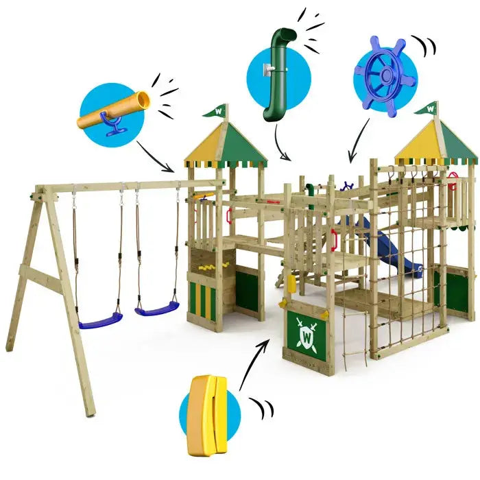 Aire de jeux Portique bois Smart Queen WICKEY avec balançoire et toboggan - GLOBAL ASSET