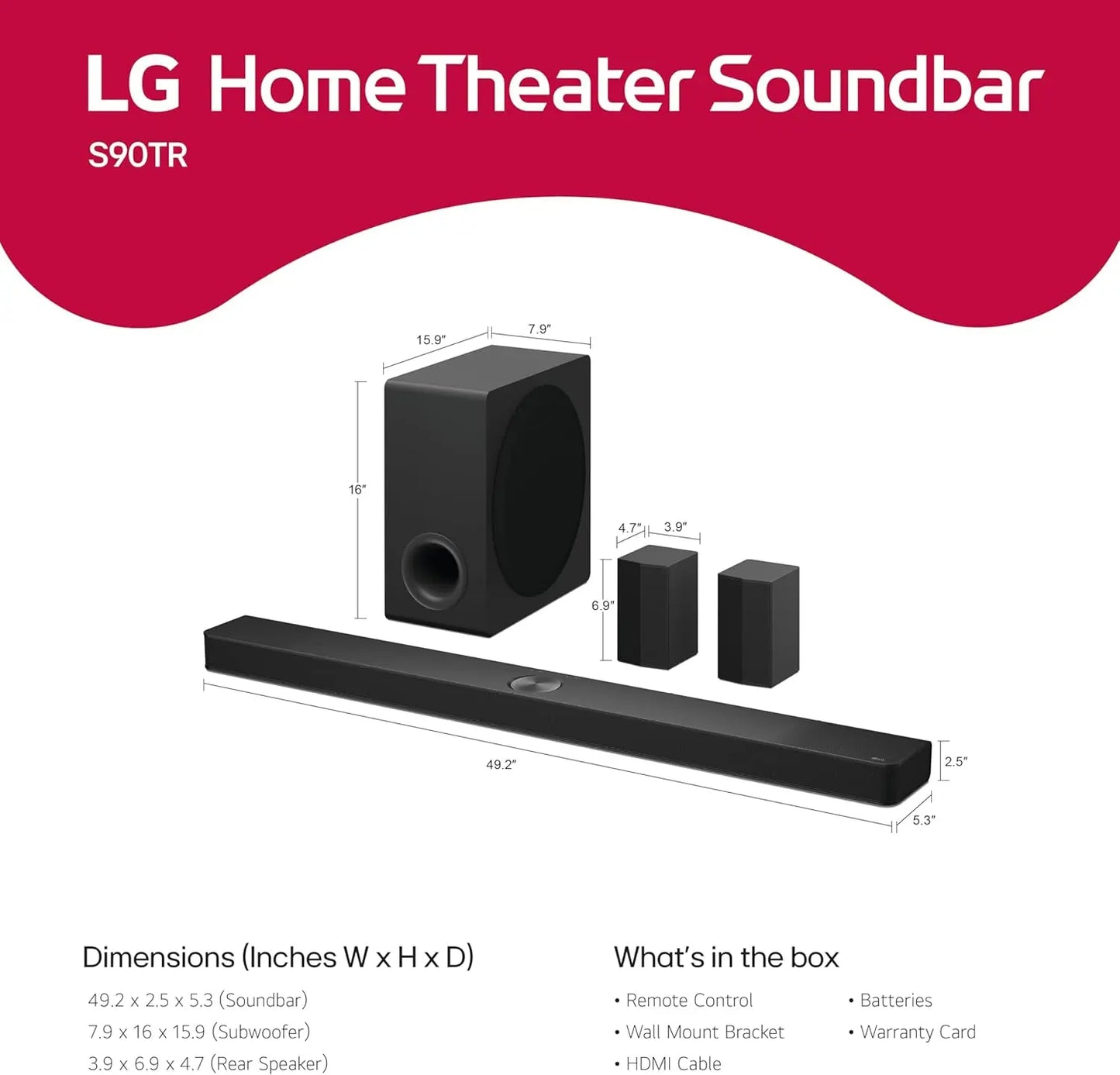 LG 7.1.3-Channel S90TR Home Theater Soundbar with Wireless Subwoofer and Rear Speakers LG