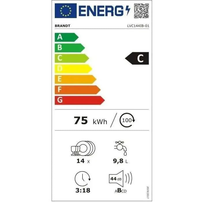 ave-vaisselle pose libre BRANDT LVC144IB - 14 couverts - Induction - L60cm - 44 dB - Noir - GLOBAL ASSET