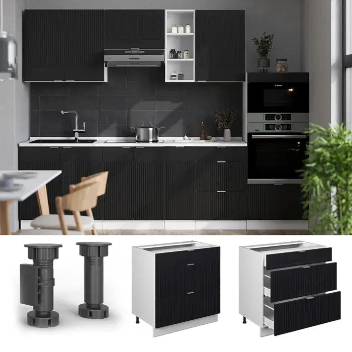 Meuble cuisine Fame-Line, 80cm avec 3 tiroirs, PT Marbre, Noir rayé, Blanc, Vicco Vicco