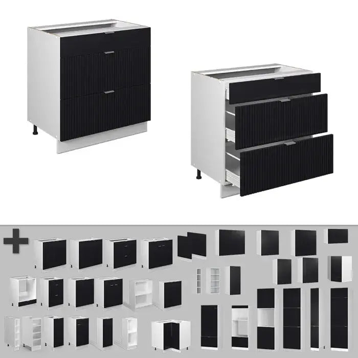 Meuble cuisine Fame-Line, 80cm avec 3 tiroirs, PT Marbre, Noir rayé, Blanc, Vicco Vicco